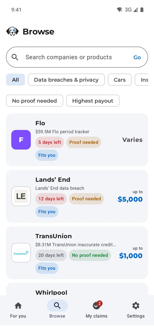 Browse settlements by category, proof needed or highest payout