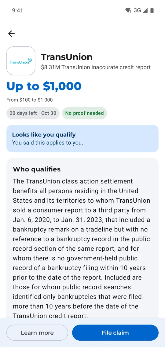 A settlement: payout, deadline, who qualifies, File claim button
